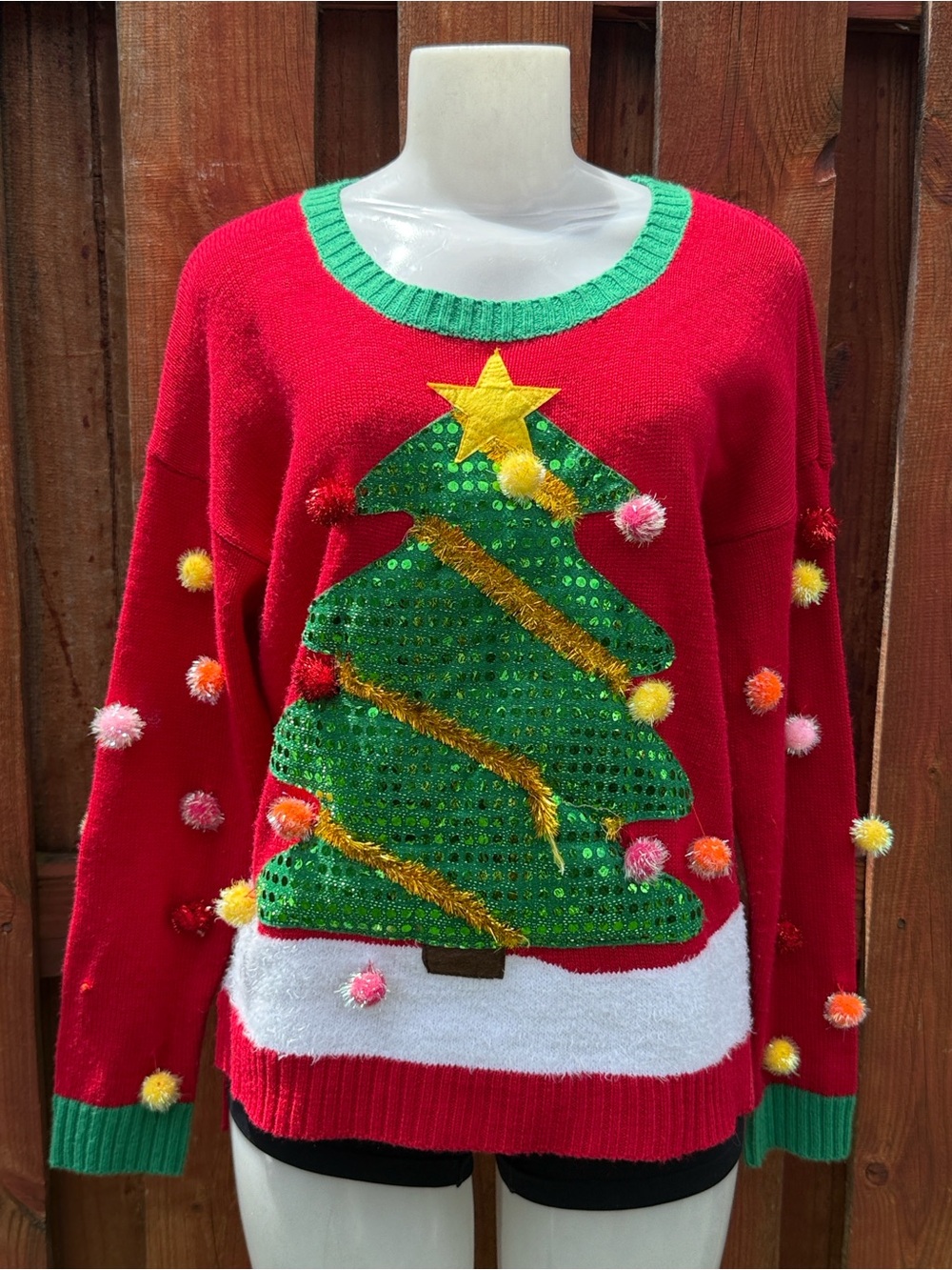 Holiday Traditions Christmas Tree Pom Pom Sequin Ugly Holiday Sweater Large L